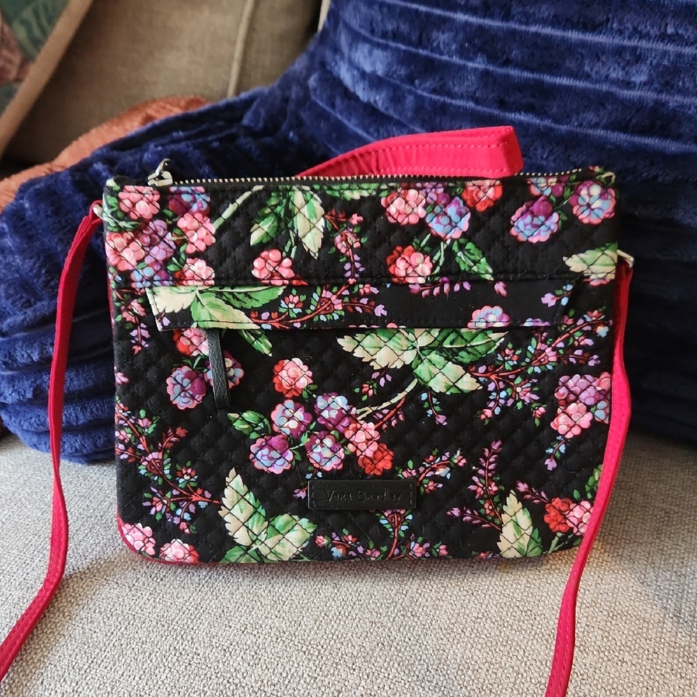 Vera Bradley Black Quilted Floral Crossbody with Pink Strap